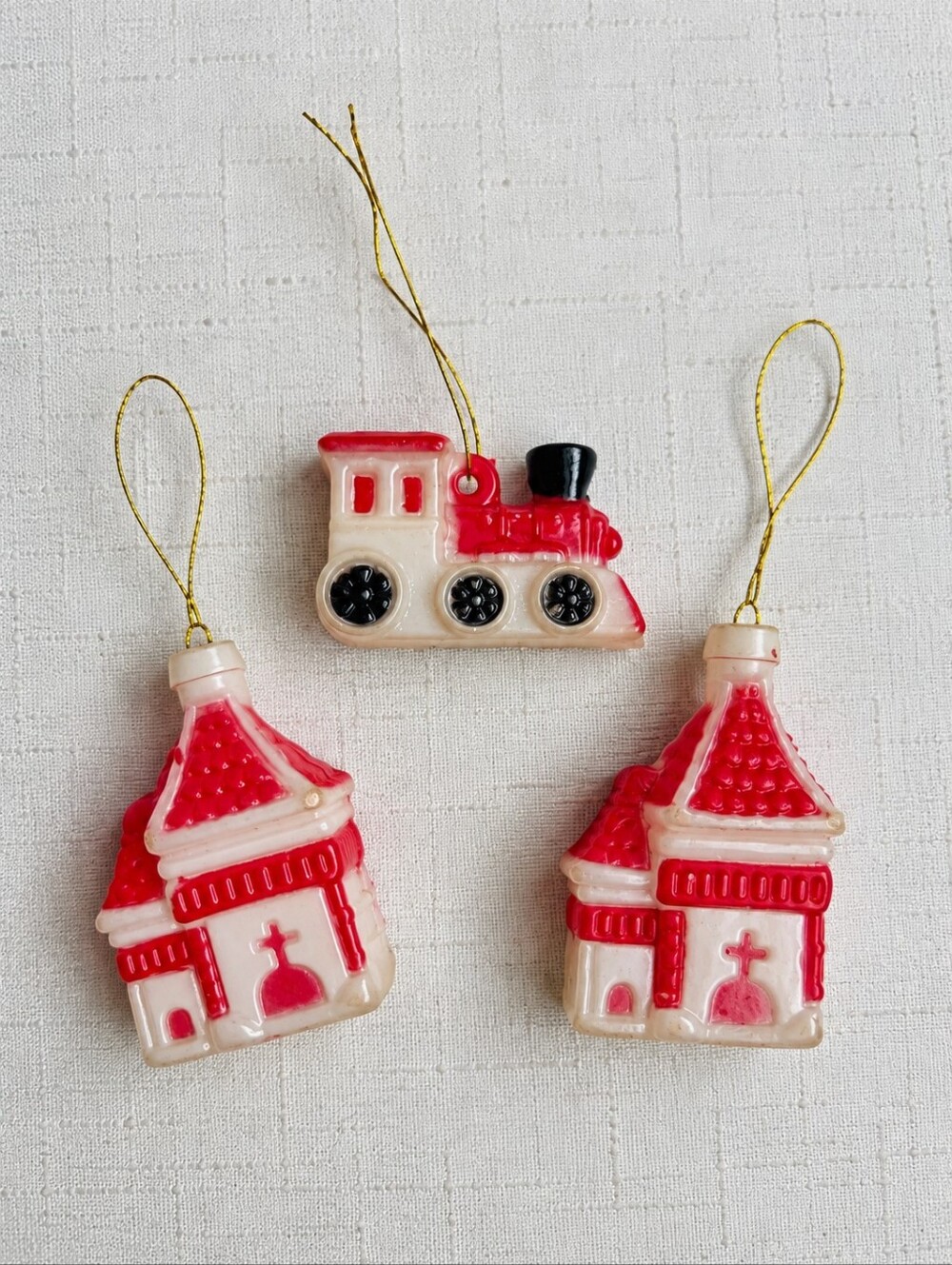 Vintage Mini Christmas Blow Mold Ornaments Train & Church Set of 3 Red White